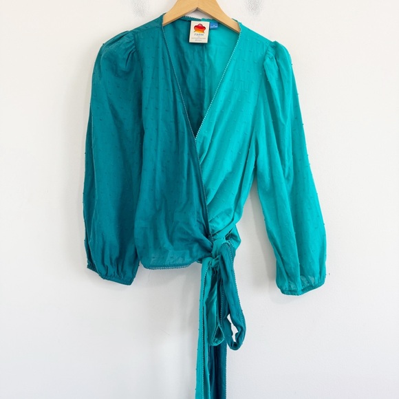 Farm Rio Anthropologie Color Block Teal Swiss Dot Wrap Blouse - Picture 3 of 6